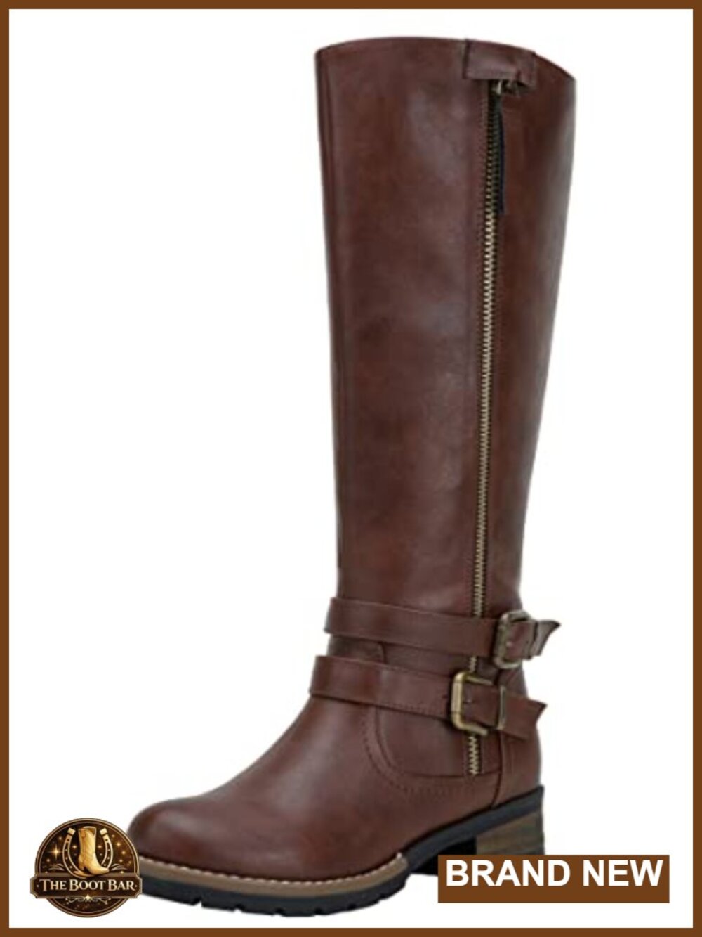 Women's Knee High Riding Boots Faux Leather Block Heel Zip Buckle Tall
